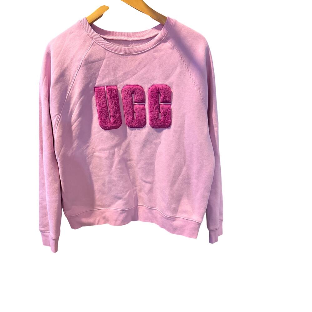 pink UGG Women's Madeline Fuzzy Logo Crewneck textured, fuzzy chenille logo